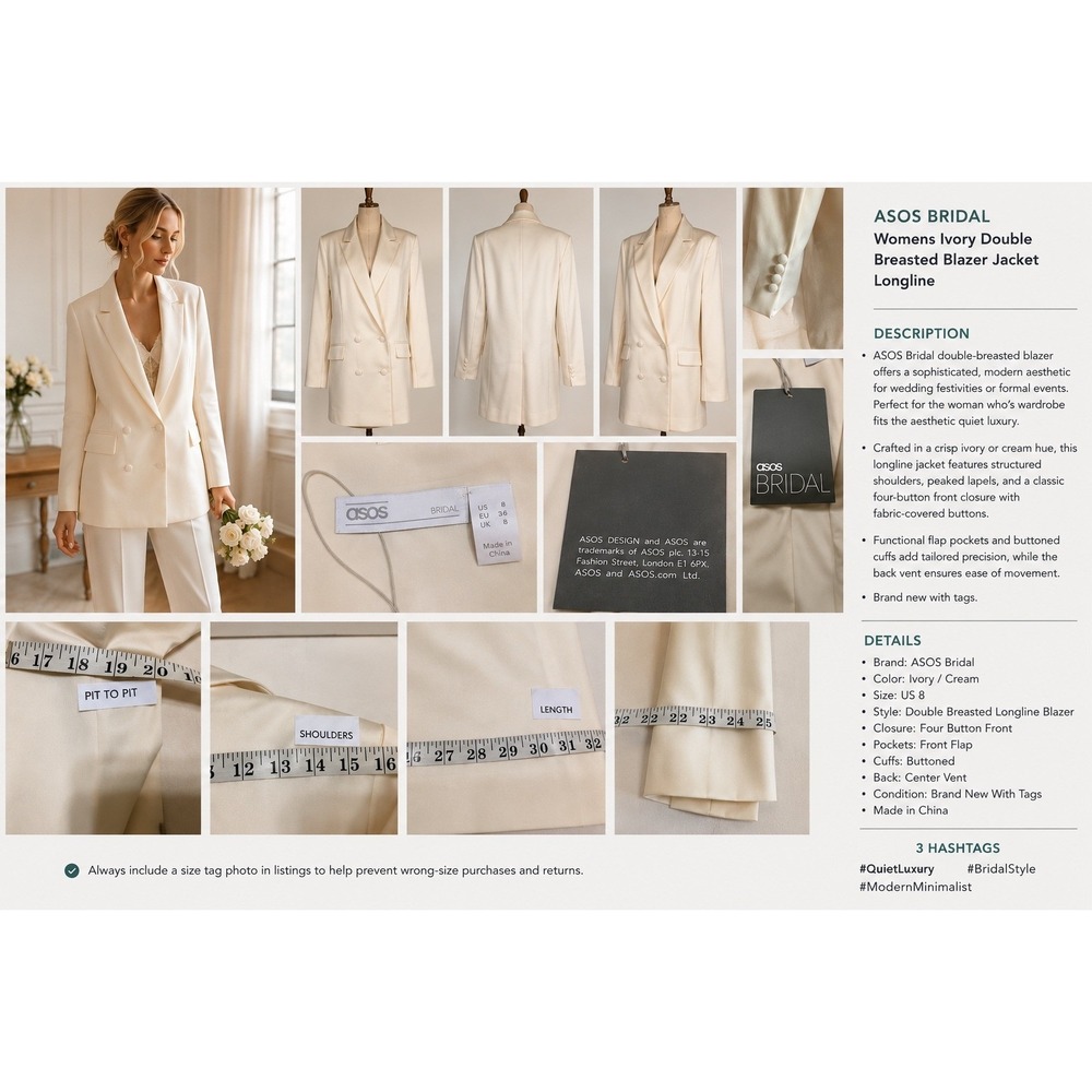 ASOS Bridal Ivory Double Breasted Longline Blazer Quiet Luxury Wedding US 8 New‎